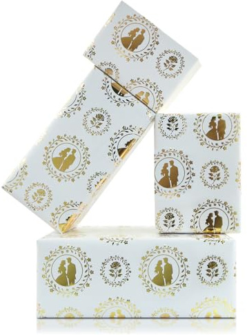 Carta da regalo per matrimoni, 4 fogli in lamina d'oro floreale e design di coppia su sfondo bianco, elegante carta da regalo per sposi e sposi