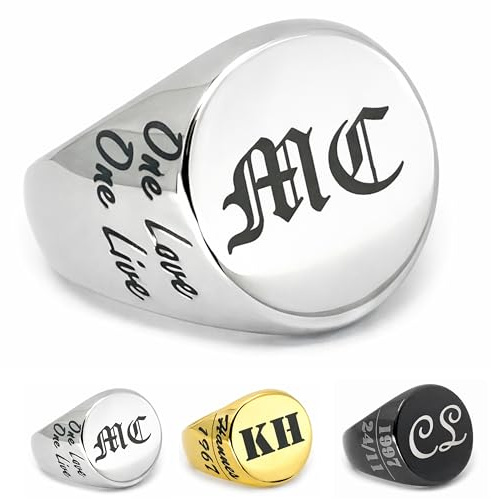 Generisch Siegelring Edelstahl mit personalisierter Lasergravur verfügbar in Schwarz, Gold und Silber mit zusätzlicher seitlicher Gravur inklusive Schmuckbeutel