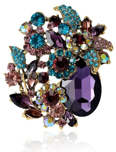 Vintage Brosche Damen Gold, Kristall Blume Anstecknadel mit Großem Tropfenstein, Glitzer Strass Ansteckblume für Schal, Elegante Flower Brooches for Women Schmuck