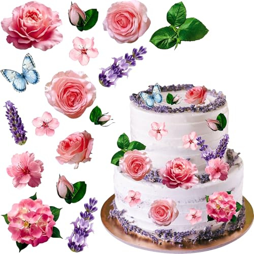 Gyufise 54Pcs Edible Flowers Cupcake Toppers Cake Decorations Wafer Paper Hawaiian Flower Leaves Cake Decor for Wedding Birthday Parties Blue Green Pink