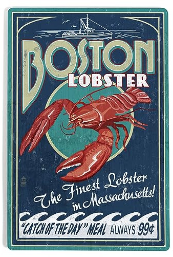 Lantern Press 12x18 Inch Metal Sign, Boston, Massachusetts, Lobster Vintage Sign