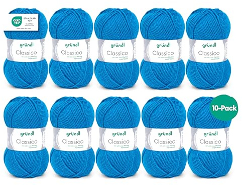 Gründl Wolle Classico Merinowolle Strickgarn - 10 Knäuel 50 g, enzianblau | Dicke Wolle zum Stricken und Häkeln - Weich und hautfreundlich - 50% Merinowolle, 50% Polyacryl 120m - Nadelstärke 3,5 4,5