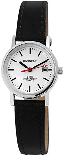 Bahnhof Damen-Uhr schwarz Kunstleder Armbanduhr Länge 22,5 cm ⌀26mm mit Datumsanzeige gut ablesbare 3-Zeiger Bahnhofsuhr