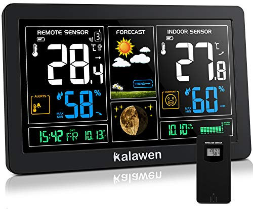 Kalawen Stazione Meteo Automatica Digitale Wireless Meteorologica con Ampio Schermo LCD Display Sveglia Tempo Data Temperatura Umidità Previsioni di Tempo con Sensore Esterno Wireless