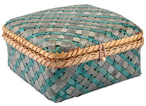 Decorasian Kiste geflochten aus Bambus - dekorative Truhe mit Deckel blau grün Größe L