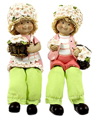 ELLUG 2er Set Blumenkinder Blumenhut Kantenhocker Schlenkerbeine Frühling Deko Figuren aus Kunststein Größe ca. 13cm