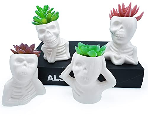 Kocris Casa - Vaso per piante grasse con teschio, bianco per Halloween, decorazione per interni, piccole piante, fiori, cactus, mini decorazioni in ceramica con foro di drenaggio, set da 4