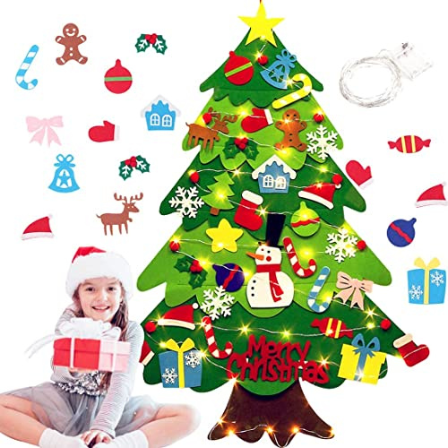 40 Piezas Fieltro Árbol de Navidad,DIY Christmas Hanging Tree Set con 50 Luces LED Adornos Árbol de Navidad para Decoración de la Pared de la Puerta del hogar Niños, decoración navideña.