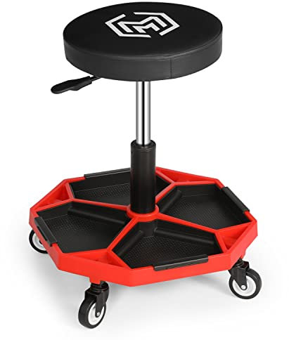 M-AUTO Pneumatischer mobiler Roll-Garagenhocker mit Ausrüstungsablage und All-Terrain-Rollen, 136 kg Kapazität, Creeper, 41,9 cm bis 55,9 cm, höhenverstellbar, Rot