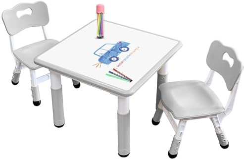 JIAOQIU Kids Table & Chair Set with Adjustable Toddler-Safe Non-Slip Legs, Activity & Graffiti-Proof Desktop Ages 3-12