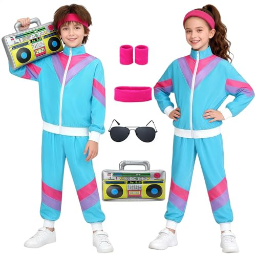 90er 80er Jahre Outfit Mädchen Jungen Jogginganzug Kinder Retro Trainingsanzug Kostüm Jacke Hose Anzug Kleidung New Kids Kostüm mit Handgelenkriemen Radio Sonnenbrillen für Karneval Fasching VL008L