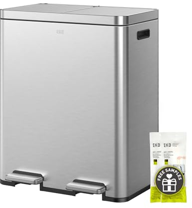 EKO Edison 60L Dual Rubbish Bin, 2×30L Large Capacity Kitchen Pedal Recycling Bin with Soft-Close Lids, Removable Buckets, Fingerprint-Resistant Stainless Steel Bin for Waste and Recycling