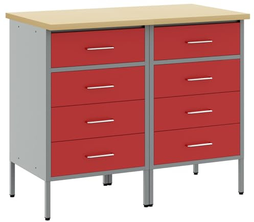 vidaXL Werkbank mit Schubladen 2 STK. Rot und Grau 100 x 55 x 85 cm | Verfügt über vier geräumige Schubladen für umfassende Organisation, Hält deine Inhalte sicher,