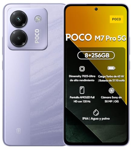 Smartphone Xiaomi Poco M7 Pro 5G 8 + 256 GB, Viola, con NFC, senza caricabatterie, batteria da 5110 mAh, TurboCharge da 45 W, schermo AMOLED HD a 120 Hz