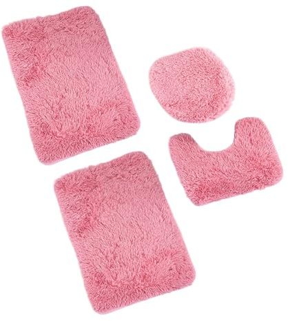 Insun Badezimmerteppich Set 4 Teilig, Hochflor Badezimmerteppich Anti-Rutsch Waschbar mit WC Vorleger und Toilettendeckelbezug Rosa