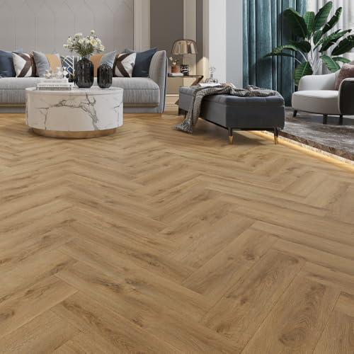 SPC Rigid Plank Flooring Rustic Oak Herringbone - Underlay Already Installed - Medium Natural Oak Herringbone Effect - Luxury Quality - Click Installation - Sold Per 2.22m2 Pack