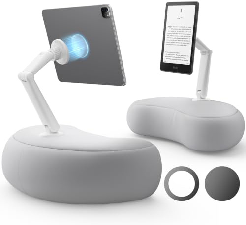 SAIJI Magnetisch iPad Ständer Kindle Kissen Halter, 2 Magnetfolie(Grau) | 360°Tablet Halterung für Bett mit Ergonomischem Kissen und Dual-Gelenk-Arm，Kompatibel mit Kindle, Tablet, iPad, iPhone