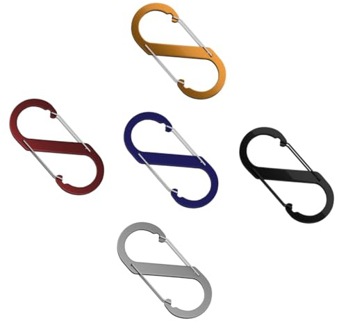 Aluminium S-Shaped Carabiner Clips, 88mm x 40mm, Set of 5, Multicolour Pack for Camping and Hiking