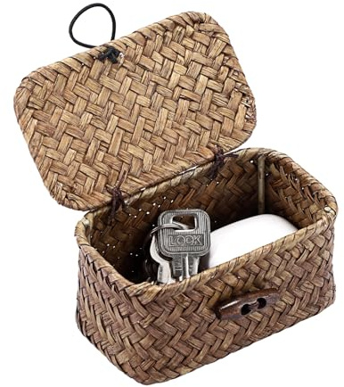 IGNPION Mini Seagrass Desk Storage Basket with Lid, Wicker Entryway Keys Storage Basket, Bathroom Organiser Box, Farmhouse Decorative Shelf Box, Multipurpose Storage for Craft, Paper Clip, Hair Ties