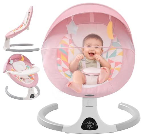 Babywippe Elektrisch,Babyschaukel Indoor Bluetooth, 5 Schwinggeschwindigkeit, 3 Winkellage, Fernsteuerung & Berührungsbildschirm Baby Wippe Elektronisch mit abnehmbarem Tablett, Moskitonetz Rosa