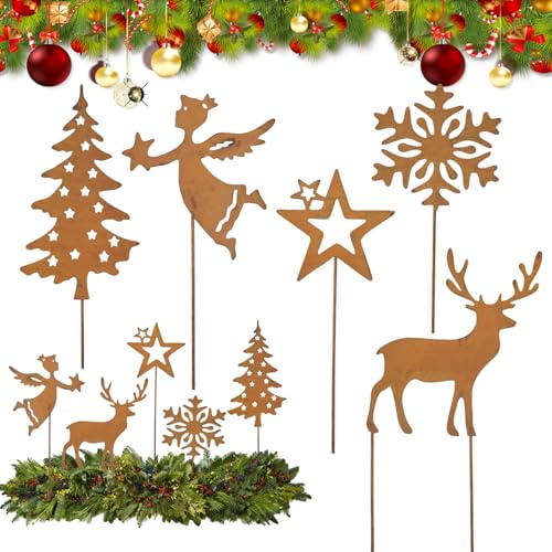 Dog's Booty 5 Stück Gartenstecker Rost Roststecker Weihnachten Winterdekoration Gartendeko Rost Gartenstecker Metall Feen Weihnachtsbäume Rentiere Deko Weihnachten für Gärten Balkon Hof Zaun Rasen