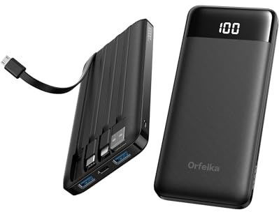 Power Bank 10000mAh,Built-in 4 Cables,6 Outputs 3 Inputs,Portable Charger USB C with LED Display compatiable with Smartphones iPads Tablets and More(1 Pack)