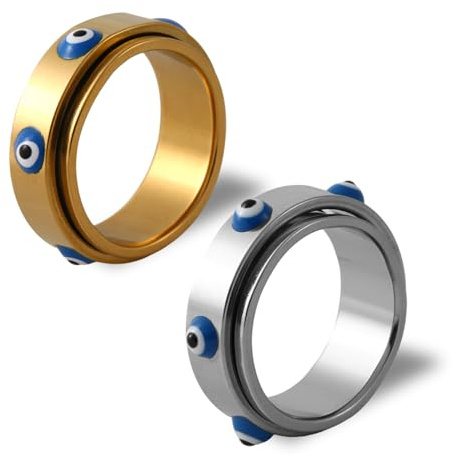 Mikovivi 2 Stück Fidget Spinner Ring für Frauen Männer, Gold & Silber Drehbarer Angst Ring Böser Blick Edelstahl Dreh Schmuck zur Angstlinderung Fokus Büro Reisen Geschenk