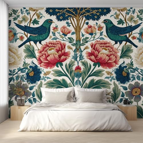 Generico Carta da Parati Fiori e Uccelli, 450X215cm, Carta da Parati Tessuto Non Tessuto William Morris Fiore di Uccello, Camera da Letto Decorazioni Parete Soggiorno Decorazione Cucina Décor EL&D57