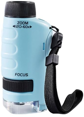 Microscope Enfant Portable, 60x - 120x Mini Microscope De Poche pour Cadeaux de Noël, Jouet Scientifique Éducatif (Bleu)