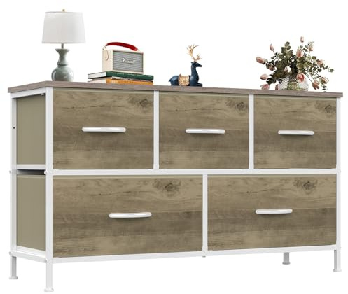 OLIXIS Dresser for Bedroom with 5 Drawers, Wide Chest of Drawers, Fabric Bedroom Dresser with Drawer Organizer, Storage Organizer Unit with Fabric Bins for Closet, Living Room, Hallway, Greige Oak