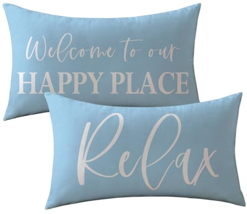 ULOVE LOVE YOURSELF Welcome to Our Happy Place Decorative Pillowcases 12x20Inch Home Relax Cushion Covers Modern Farmhouse Decor Cozy Lumbar Throw Pillow Cover 2Pack for Sofa Couch (Light Blue)