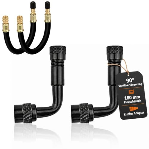 4er Ventilverlängerung Autoventil Set, 90° Adapter & 180mm Schlauch | schwarzes Messing, 2 Winkeladapter + 2 flexible Schläuche, für Standard-Autoventile, Auto, Motorrad, Fahrrad, E-Scooter