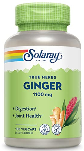 SOLARAY Ginger Root Capsules for Men & Women - Ginger Supplement for Digestive Health Support, 1100 mg per Serving, Motion & Stomach Discomfort Support, Vegan Herb, Sun Grown, Whole Root- 180 Veg Caps