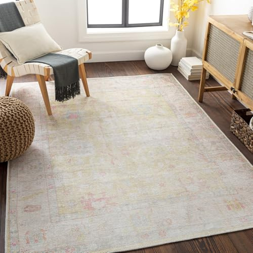 Livabliss Amari Malibu Machine Washable Carpet 200x275 cm, Vintage Boho Design for Living Room, Dining, Kitchen & Outdoor, Easy Care, Ivory Yellow Coral