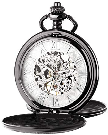 TREEWETO Reloj de bolsillo unisex con cadena, cuerda manual mecánica, doble bisagra, esqueleto antiguo, números romanos, blanco y negro