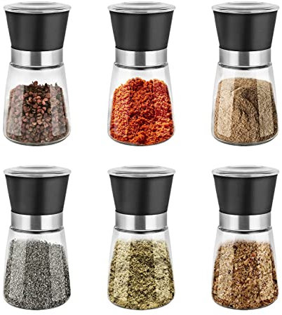 Shoze Gewürzmühle 6er Set Manuelle Plastik Salz und Pfeffermühle Set Transparent Keramikmahlwerk mit Abdeckung für Gewürzmahlen (Kunststoffkappe 180ML)