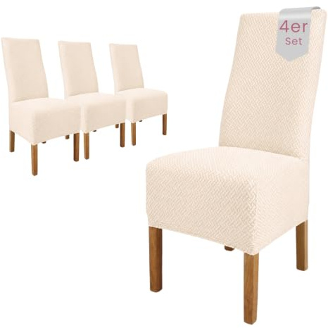 Scheffler Home Stuhlhussen Creme 4er Set Elastisch Luna-lang | Feine Microfaser-Stretch Stuhlbezüge, waschbar und pflegeleicht, für Hochlehner und Polsterstühle