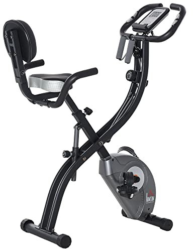 HOMCOM Cyclette Pieghevole con Schienale, Bande Elastiche e 8 Livelli di Intensità Regolabile, Cyclette Professionale con Display LCD, Porta Cellulare e Ruote di Trasporto