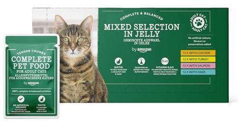 by Amazon Katzenfutter, nass, getreidefreies, für ausgewachsene Katzen, gemischte Auswahl in Gelee, 4,8 kg (48 Packungen à 100 g)