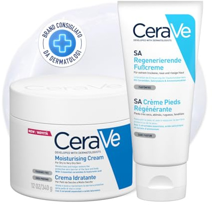 CeraVe Kit Corpo e Piedi, Crema Idratante Viso , Per Pelle Secca, Con Acido Ialuronico, 340 g + SA Crema Piedi Rigenerante, Per Piedi Screpolati, Con Acido Salicilico, 88 ml