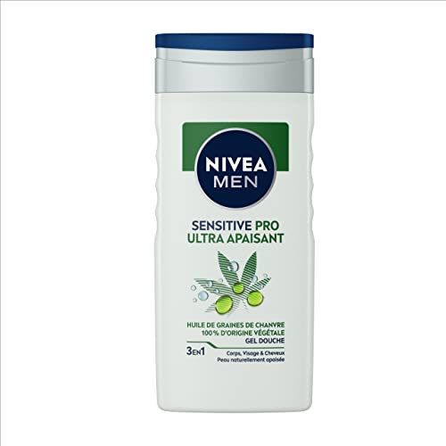 NIVEA MEN Gel douche Sensitive Pro Ultra Apaisant (1 x 250 ml)- Soin lavant enrichi en Huile de Chanvre & Vitamine E - Gel douche homme 3 EN 1 corps visage et cheveux pour peaux sensibles
