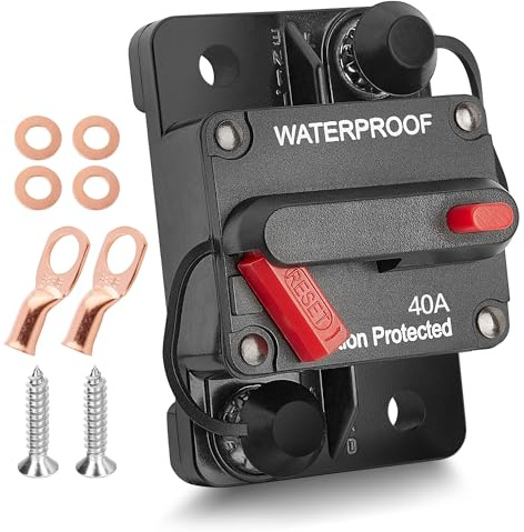 RED WOLF Kfz Schutzschalter 40A mit Kabelschuhe Kupferscheiben Sicherungshalter Wasserdichte mit Manuellem Reset für LKW Wohnmobil Boot Auto Audio 40 Ampere Leistungsschalter 12V-48V DC