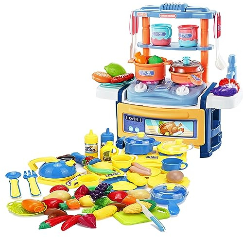 Sobebear Role Play Food Set for Kids, Pretend Play Kitchen Toy Food with Plastic Fruits, Vegetables and Cookware, Educational Play Food Set for Children Ages 3+ Years (82 Pieces)