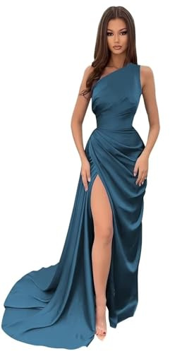 Sincemeet Abito da Damigella d'Onore in Raso Monospalla da Donna Elegante Abito da Sera con Lungo Spacco Abito Sottile Plissettato