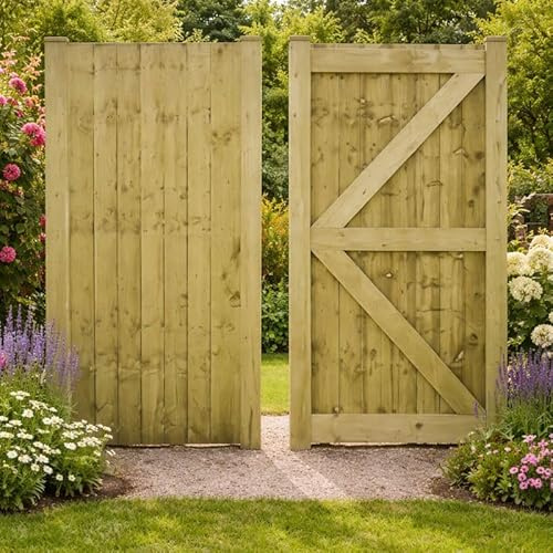 MD Carpentry Wooden Featheredge Garden Gate, Pressure Treated, 180cm High x 90cm Wide x 6cm Deep, Green, Contemporary Garden Style
