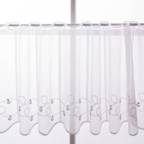 SCHÖNER LEBEN. Scheibengardinen Meterware nähfrei Stickerei Voile maritim Anker 45cm