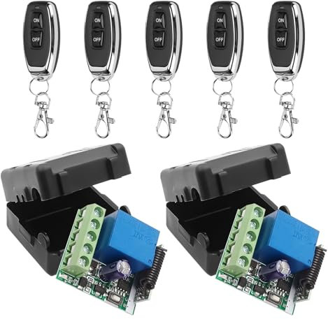433Mhz Wireless Remote Control Switch DC 12V 1CH RF Relay Receiver Module with Transmitter, Long Range for Garage Door Opener (2Receiver+5Remote Controls)