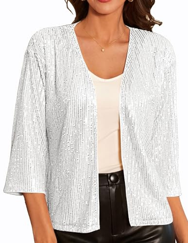 GRACE KARIN Ladies Elegant White Lightweight Cardigan Open Front Boleros Long Sleeve Knit Shrug for Dress XXL