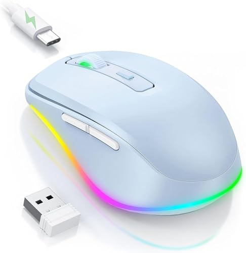 Seenda Wireless Mouse, Rechargeable Light Up LED Mouse for Laptop, Blue | 2.4G USB Receiver, Silent Clicks, Built-in Jiggler, Undetectable Simulate Mouse Movement to Keep Computer Awake