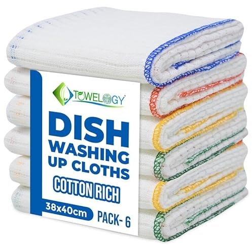 Towelogy TDC_80 Cotton Dish Cloths Stain-Resistant XL 38x40cm Kitchen Dish Towels for Washing Dishes & Cleaning Countertops - 6 Packs (White/Color Coded)